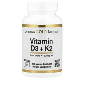Gold Vitamin D3 + K2  forme MK-7, 5000 IU & 120 mcg, 180 Gélules végétales, Sans Soja, Sans Gluten- Santé os et cœur