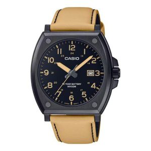 Casio  MTP-E715L-5AV - Montre style militaire épuré fond noir avec bracelet cuir couleur moutarde clair - 10 ans aut. pile -
