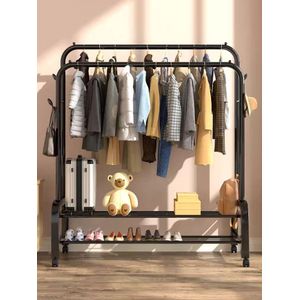 Porte-Manteau en métal et Support de Rangement pour Chaussures, Rangement à 2 Niveaux, Porte-Manteau en métal, avec Crochet, Tringle à vêtements avec roulettes, pour Couloir, Chambre, Porte-vêtements Mobile En Métal à Double Pôle 48 kg
