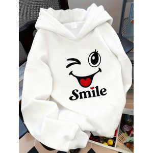 Sweat à capuche avec imprimé visage joyeux et clignant de l'œil, sweat à capuche tendance pour femme avec imprimé à motif créatif, vêtement d'automne/hiver doublé pour femme, pull d'automne simple, élégant, décontracté et stylé