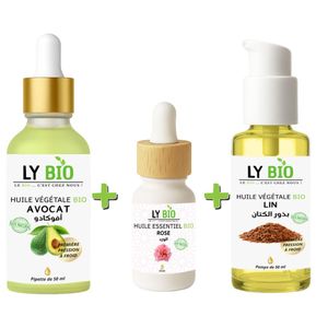 LY BIO PACK HUILE AVOCAT 50ml - PIPETTE + HUILE ESSENTIEL ROSE 10ML + HUILE LIN 50ML - POMPE