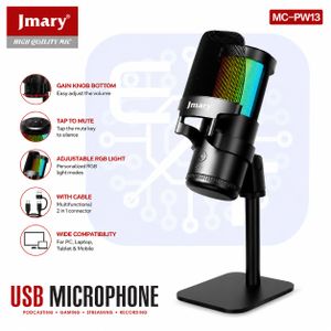 Jmary Microphone USB RGB pour PC & Mobile avec Réglage du Gain, Touche Mute et Connexion USB/Type-C – MC-PW13