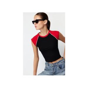 Trendyol Siyah Renk Bloklu Slim Bisiklet Yaka Pamuklu Esnek Örme T-Shirt TWOSS24TS00067
