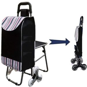 Chariot de courses d'escaliers d'escalade avec sac étanche et chaise, chariot domestique avec siège, cadre en acier côtelé, roues les plus récentes Sacs-repas