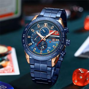 Curren Montre Homme Sport Chronographe 8410 Tout Bleu Boîtier Or Rose Cadran Multicolore Tachymètre Bracelet Acier Dateur Luminescent