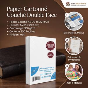 Papier Cartonné Couché Mat 350g A4 Double Face – Paquet de 100 Feuilles