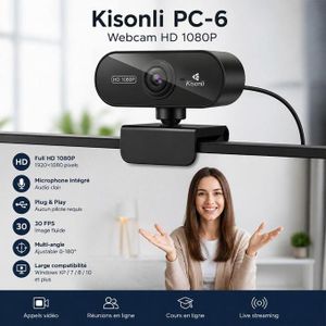 PC-6 Webcam HD 1080P USB Plug & Play avec Microphone Intégré – Caméra PC Full HD pour Appels Vidéo, Réunions, Live Streaming et Cours en Ligne