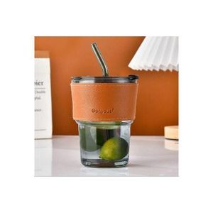 Tasse à café portable en verre, avec paille, couvercle et étui, pour une consommation pratique en déplacement.