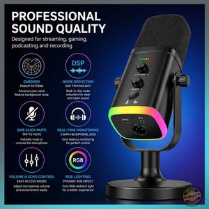 Microphone USB RGB YU8 Condensateur avec Interface XLR, USB-C et Jack 3.5 mm, Monitoring Temps Réel, Réduction de Bruit ENC, Idéal Streaming, Gaming, Podcast et Enregistrement Professionnel