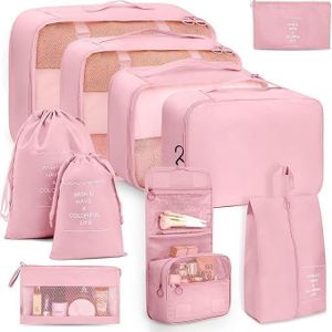 Organisateur de valises, ensemble de 10 pièces Sacs et Trousses de rangement de Voyage couleur rose, pour la valise, car, avion, train.