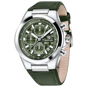 Benyar  Montre Homme Sport Luxe Cuir Vert Étanche