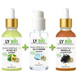 LY BIO PACK HUILE AVOCAT 50ml - PIPETTE + HUILE GLYCERINE 50ml - POMPE + HUILE NIGELLE 50ML - PIPETTE