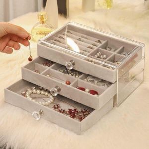 1 Boîte à bijoux en acrylique et velours à trois étages, plateau de rangement empilable avec bouton en cristal,meuble d'exposition anti-oxydation grande capacité pour boucles d'oreilles, colliers et bijoux, design élégant et doublure en velours doux,