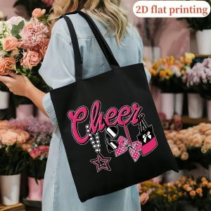 Sac fourre-tout sur le thème du cheerleading pour adolescentes et femmes - Noir avec design rose et blanc, polyester durable, bretelles d'épaule fixées, parfait pour le shopping, les voyages à la plage et les cadeaux de vacances, sac de plage, style déc