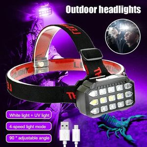 مصباح أمامي LED قابل لإعادة الشحن عبر USB – ضوء أبيض وأشعة فوق بنفسجية – 4 أوضاع – زاوية قابلة للتعديل 90° – مثالي للتخييم والكهوف والفحص