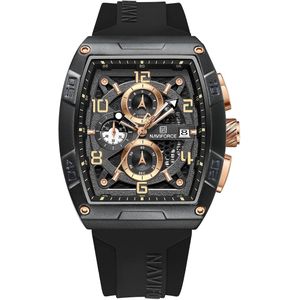 Naviforce Montre Homme Boîtier carré en acier Or Rose + Bracelet silicone noirMouvement Chronographe + Date + Étanche 3ATM Design Racing inspiré des voitures de sport