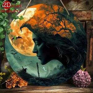 Décoration murale en bois 2D, thème sorcière magique - 19,5 .32X19,5 .32 cm, motif mystérieux de forêt sous la lune avec des chauves-souris, en bois artificiel durable, idéal pour une décoration rétro d'Halloween et de Noël dans les maisons et les cafés
