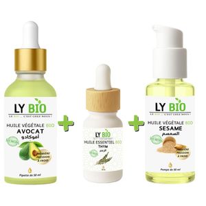 LY BIO PACK HUILE AVOCAT 50ml - PIPETTE + HUILE ESSENTIEL THYM 10ML + HUILE SESAME 50ml - POMPE
