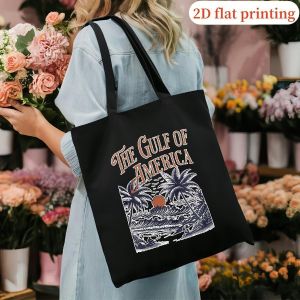Le sac fourre-tout de la baie du golfe d'Amérique - Sac à bandoulière décontracté noir avec texte blanc et motif de palmier, polyester durable, bandoulière fixe, sans fermeture, lavable à la main - Idéal pour les voyages à la plage, le shopping et l'uti