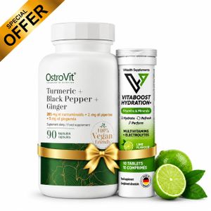 OstroVit Pack Turmeric + Black Pepper + Ginger - 90 Caps + Vitamins & Minerals - Citron Vert 10 Comprimés