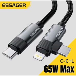 ESSAGER Câble à angle droit USB-C vers Type-C et Lightning PD 65W 29W, Câble de donnés iPhone samsung rapide 