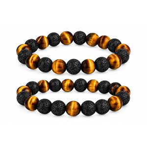 Lot de 2 Bracelets Homme Élastiques en Perles Œil de Tigre et Pierre de Lave Noire