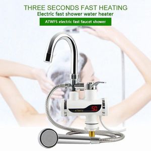 Robinet chauffe-eau electrique instantane avec douchette ATWFS, Chauffe-eau rapide 3 secondes pour douche et cuisine, Mitigeur avec affichage digital LED de temperature, Chauffe eau portable compact blanc et chrome