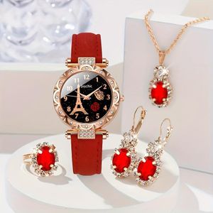 Montre bracelet pour femmes, ensemble de 5 pièces Rouge, accessoires femme, cadeau, style pointeur de luxe tendance,