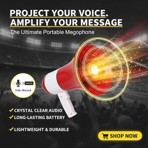 ميجافون يدوي مع تسجيل قابل للشحن ومكبر صوت قوي