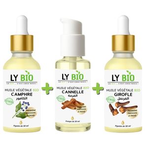 LY BIO PACK HUILE CAMPHREE 50ML - PIPETTE + HUILE CANNELLE 50ML - POMPE + HUILE GIROFLE 50ML - PIPETTE