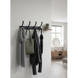 علاقة معاطف جدارية من حديد الزهر الصلب - 4 خطافات مزدوجة زخرفية - أسود غير لامع بأسلوب ريفي صناعي