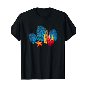 T-shirt épais 200g   pour homme et femme - Imprimé graphique cool d'aquarium de récif corallien avec motif de vie marine (étoile de mer, corail et poisson) - T-shirt décontracté à col rond et manches courtes pour la plage, la plongée, le snorkeling - Co