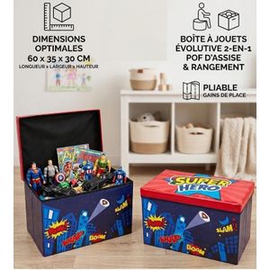 offre à Jouets / Pouf Pliable « Super Hero » – Boîte de Rangement Évolutive 2-en-1 60x35x30cm