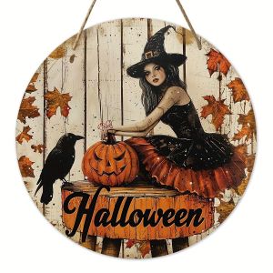 Décoration murale plate 2D en bois vintage faite à la main, adaptée pour Halloween et l'automne - Panneau plat 2D avec sorcière, citrouilles-lanternes, corbeaux et feuilles d'automne - Boucle de suspension artificielle pour portes intérieures/extérieure
