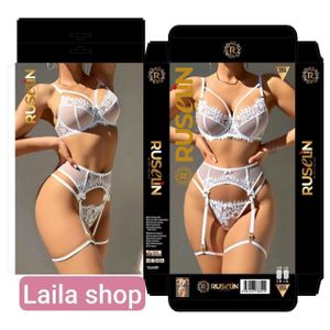 Ensemble Lingerie Femme 3 Pièces Blanc – Nuisette Sexy Dentelle + Porte-jarretelles