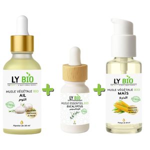 LY BIO PACK HUILE AIL 50ML - PIPETTE + HUILE ESSENTIEL EUCALYPTUS 10ML + HUILE MAIS 50ML - POMPE