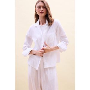 Defacto Chemise blanche oversize en lin mélangé à manches longues