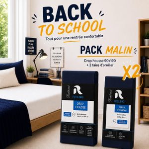 RICHBOND Offre Back-to-School : Pack MALIN Lit 1 Place contient 1 Drap Housse 90x190 + 2 Taies d'Oreiller 70x50 Assorties En Cotonelle - Bleu Marine