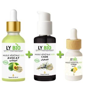 LY BIO PACK HUILE AVOCAT 50ml - PIPETTE + HUILE CADE 50ML - POMPE + HUILE ESSENTIEL CITRON 10ML
