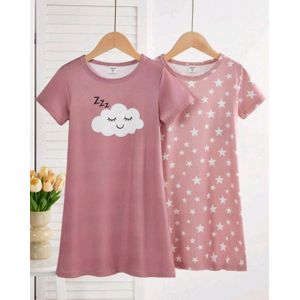 Chemise de Nuit d'Été pour Filles – Motif Nuage Dormeur & Étoiles Rose Poudré
