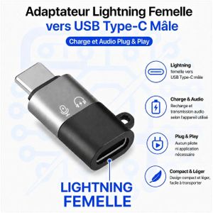 Adaptateur Lightning Femelle vers USB Type-C Mâle – Charge et Audio Plug & Play