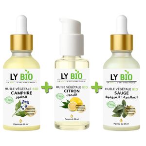 LY BIO PACK HUILE CAMPHREE 50ML - PIPETTE + HUILE CITRON 50ML - POMPE + HUILE SAUGE 50ML - PIPETTE