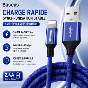 Baseus Câble iPhone USB vers Lightning 2.4A Charge Rapide, Chargeur iPhone, Câble USB Data Sync 480Mbps pour iPhone, iPad, AirPods