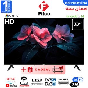 Fitco 32 HD سمارت Google TV مزود بصوت Dolby، بلوتوث وWiFi، ابحث عن جهاز التحكم عن بعد الخاص بي + حامل مجاني