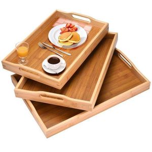 Lot de 3 Plateaux de service en bambou avec poignées, Plateaux en bois pour petit déjeuner