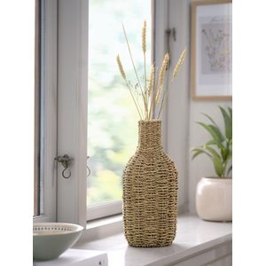 Vase Décoratif Rotin Naturel Ø15xH31cm Design Intérieur Bohème Chic pour Fleurs Séchées Décor Maison Salon