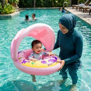 Bouée Bébé avec Parasol Amovible – Flotteur de Piscine Gonflable Anti-UV pour Enfant 6-18 Mois, Siège de Natation Sécurisé avec Culotte, Motif Crabe Rose – Parfait pour Piscine et Plage, 85cm