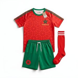 Tenue de Football Enfant - 3 Pièces Motif Marocain - Pour Supporters Confortable - Rouge et Vert