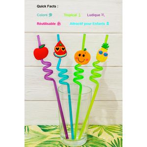 Lot de 4 Pailles Spiralées Réutilisables – Décor Fruits Tropicaux Colorés