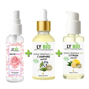 LY BIO مجموعة LYBIO ماء الورد 100مل + زيت الكافور 50مل - قطارة + زيت الليمون 50مل - مضخة